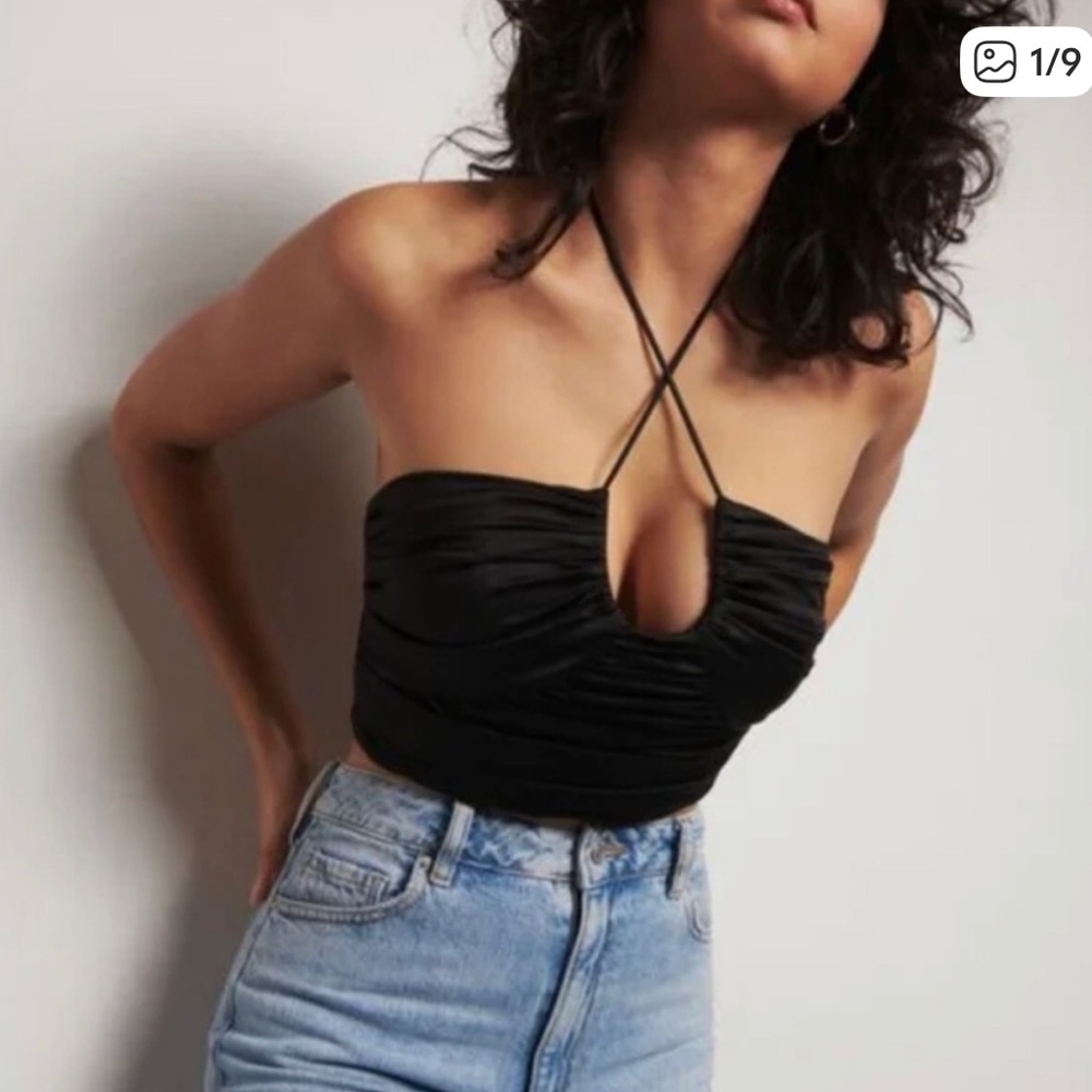 Zara NWT Black Satin Effect Draped Halter Top